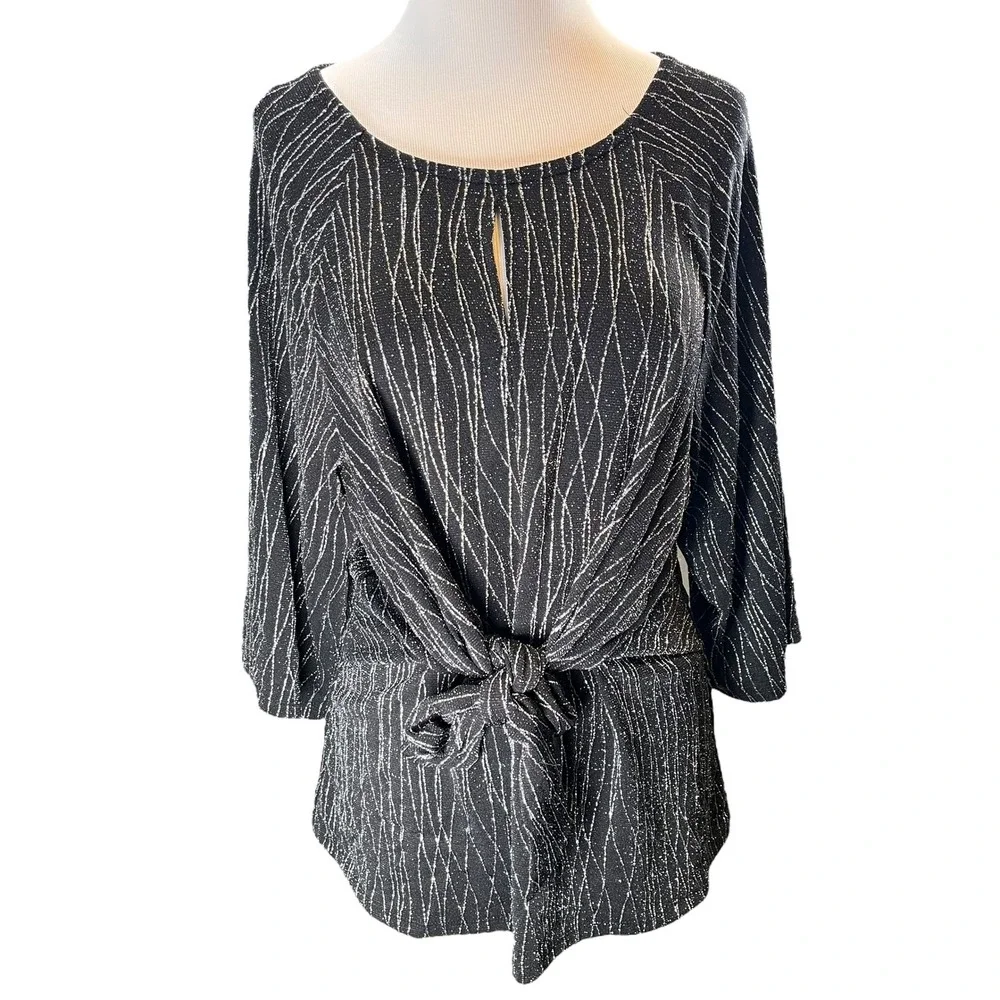 Anne Klein Black Silver Metallic Tie Front Blouse Womens Size‎ L